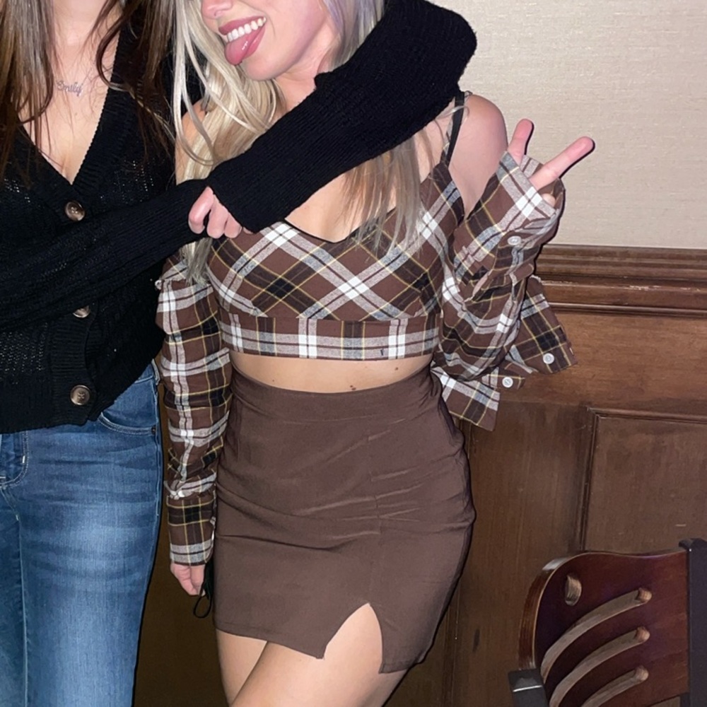 Plaid cropped shirt and jacket and skirt set